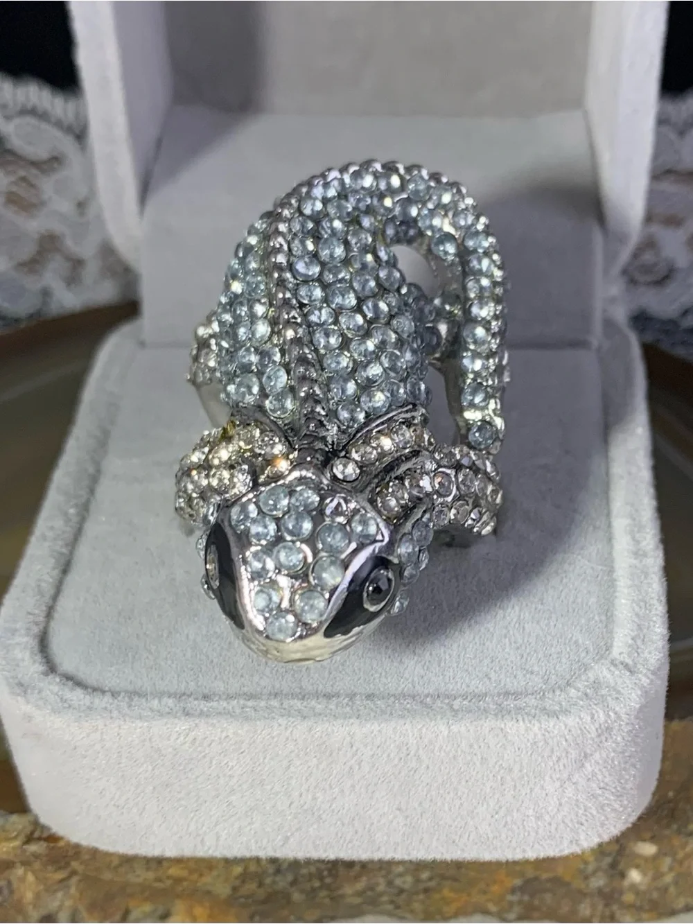 Silver Crystal Lizard Ring - Sparkling Statement Ring size 7